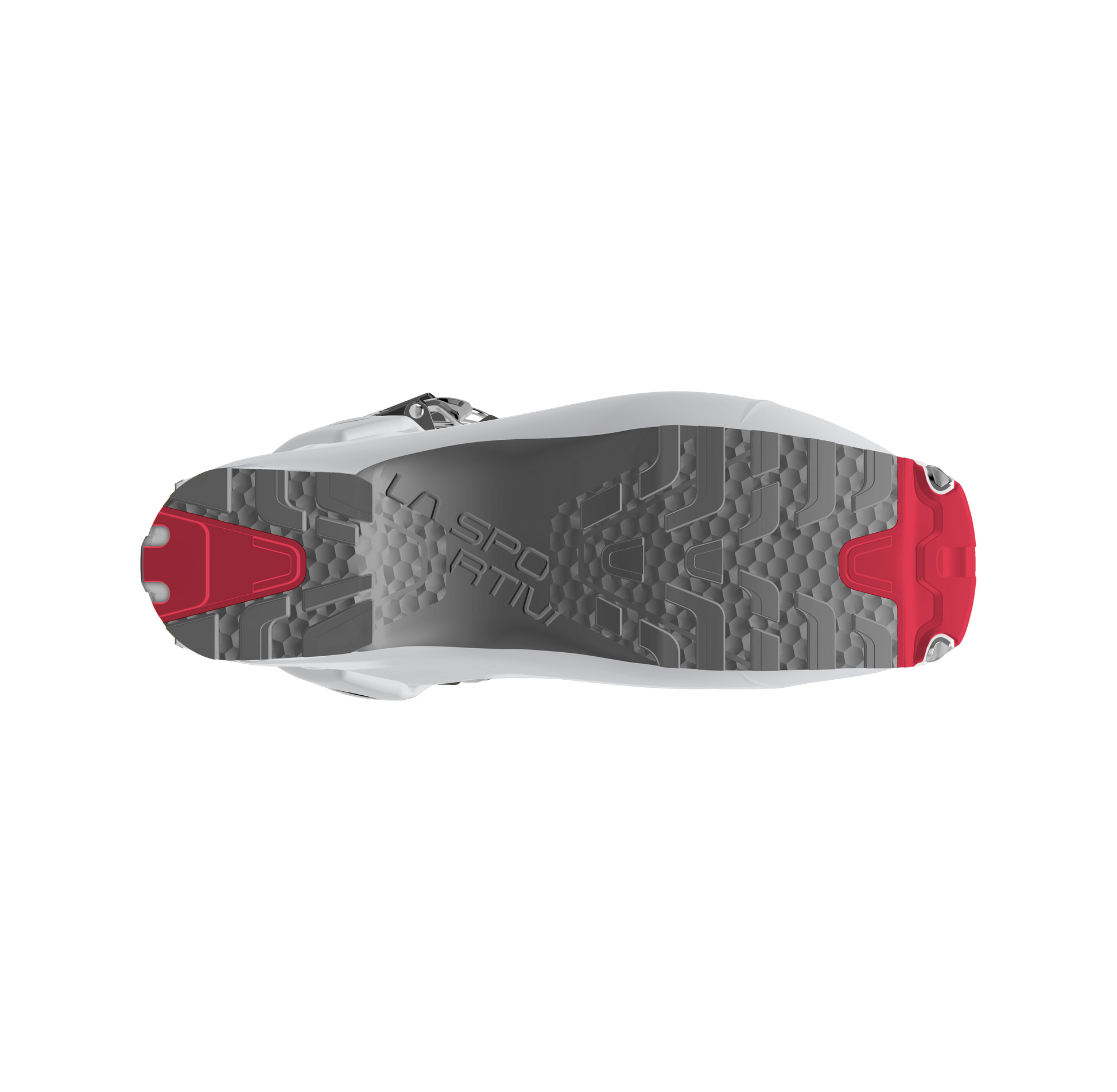 Top-down view of the La Sportiva Stellar ski boot sole in gray and red with hexagonal tread, red toe and heel sections, and embossed La Sportiva branding—ideal for backcountry touring or skimo racing.