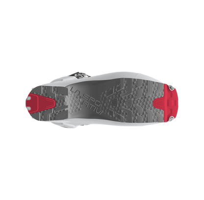 Top-down view of the La Sportiva Stellar ski boot sole in gray and red with hexagonal tread, red toe and heel sections, and embossed La Sportiva branding—ideal for backcountry touring or skimo racing.