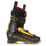 The La Sportiva Skorpius CR is a black and yellow touring boot with red accents, multiple buckles, a power strap, and bold yellow “LA SPORTIVA” branding—ideal for backcountry skiing adventures.