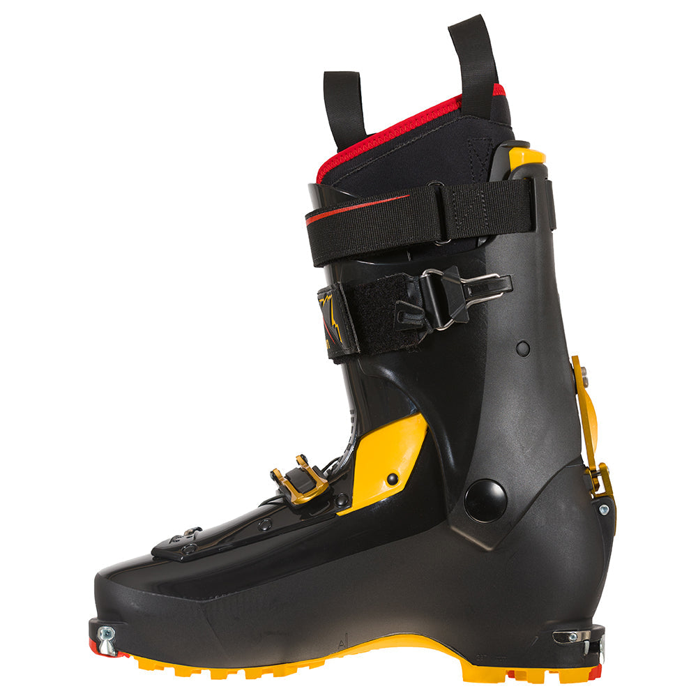 The La Sportiva Skorpius CR is a black and yellow touring boot with red accents, multiple buckles and straps, plus a rugged sole—shown side profile on white, perfect for backcountry skiing adventures.