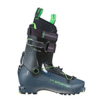 The La Sportiva Solar is a lightweight touring ski boot in dark gray and black with green accents, featuring buckles, straps, a tall supportive cuff, and a green pull loop at the top.