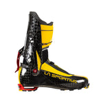 The Stratos V by La Sportiva is a high-performance black and yellow ski boot featuring carbon fiber texture and red adjustment mechanisms, designed for alpine or ski mountaineering with advanced technology for superior performance.