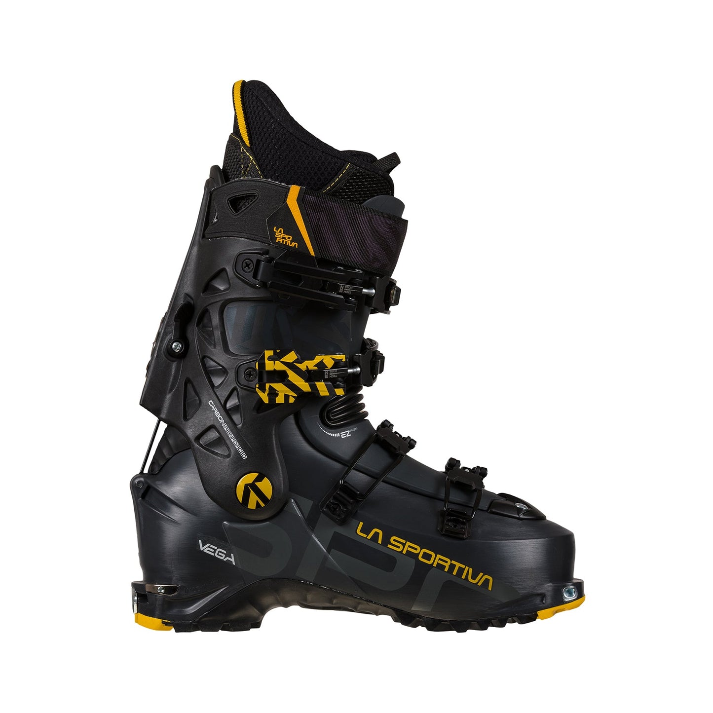 The La Sportiva Vega is a black and yellow ski boot with three adjustable buckles, a high ankle cuff, and rugged sole, designed for alpine skiing or mountaineering with excellent downhill performance.
