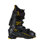 The La Sportiva Vega is a black and yellow ski boot with three adjustable buckles, a high ankle cuff, and rugged sole, designed for alpine skiing or mountaineering with excellent downhill performance.