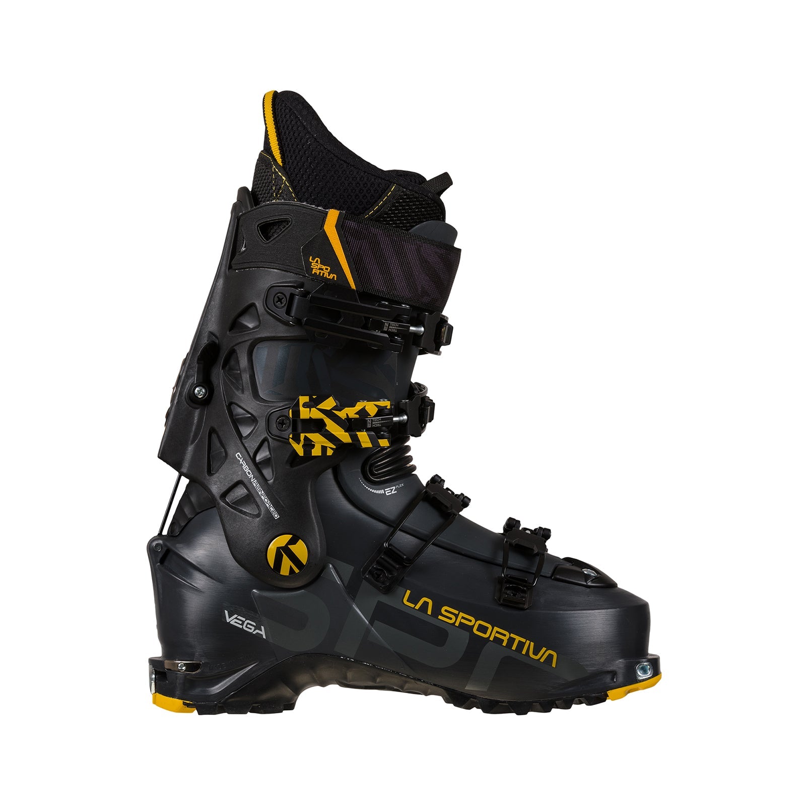 The La Sportiva Vega is a black and yellow ski boot with three adjustable buckles, a high ankle cuff, and rugged sole, designed for alpine skiing or mountaineering with excellent downhill performance.