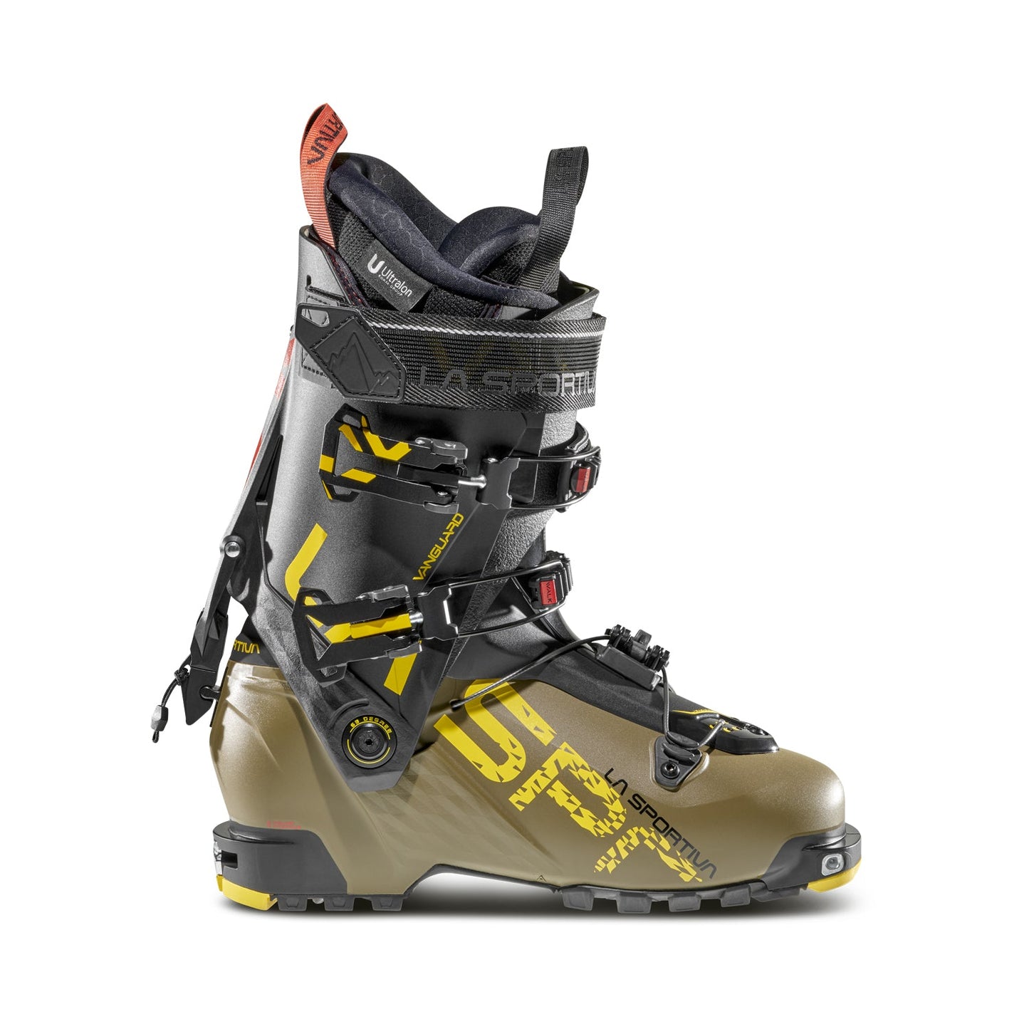 The La Sportiva Vanguard is a modern alpine ski boot in gray, olive green, and yellow with black buckles and adjustable straps. Built for adventure skiing, it delivers rugged performance and features side branding for style-conscious skiers.