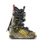 The La Sportiva Vanguard is a modern alpine ski boot in gray, olive green, and yellow with black buckles and adjustable straps. Built for adventure skiing, it delivers rugged performance and features side branding for style-conscious skiers.