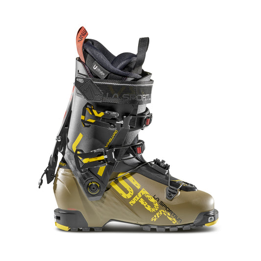 The La Sportiva Vanguard is a modern alpine ski boot in gray, olive green, and yellow with black buckles and adjustable straps. Built for adventure skiing, it delivers rugged performance and features side branding for style-conscious skiers.