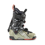 The La Sportiva Vanguard Women's ski boot in olive green and black has multiple buckles, a power strap, and a rugged treaded sole—ideal for adventure skiing and backcountry touring.