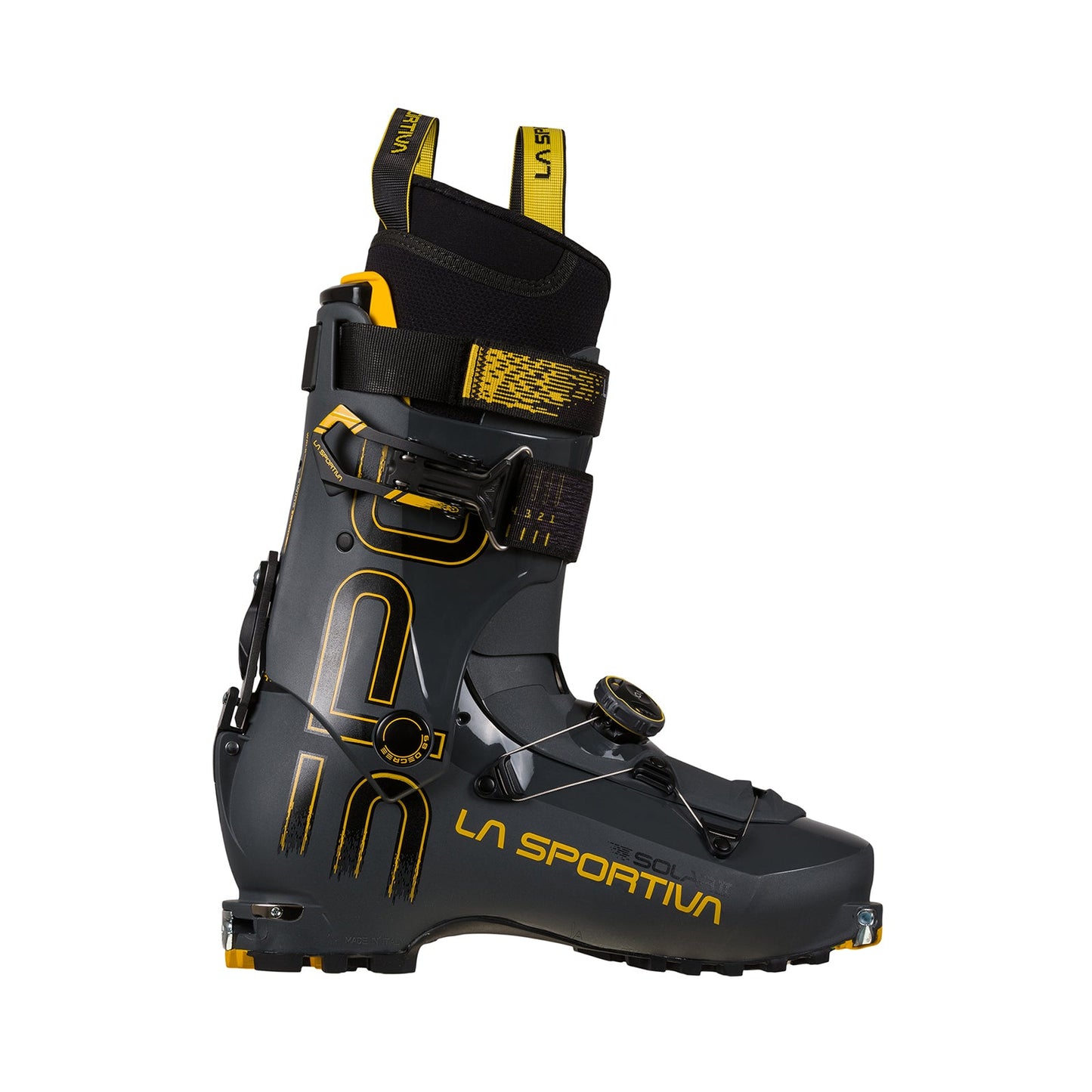 The La Sportiva Solar II touring ski boot in black and yellow features multiple buckles, a dial closure, and bold logo text, shown from the side on a white background. Ideal for high-performance ski touring.
