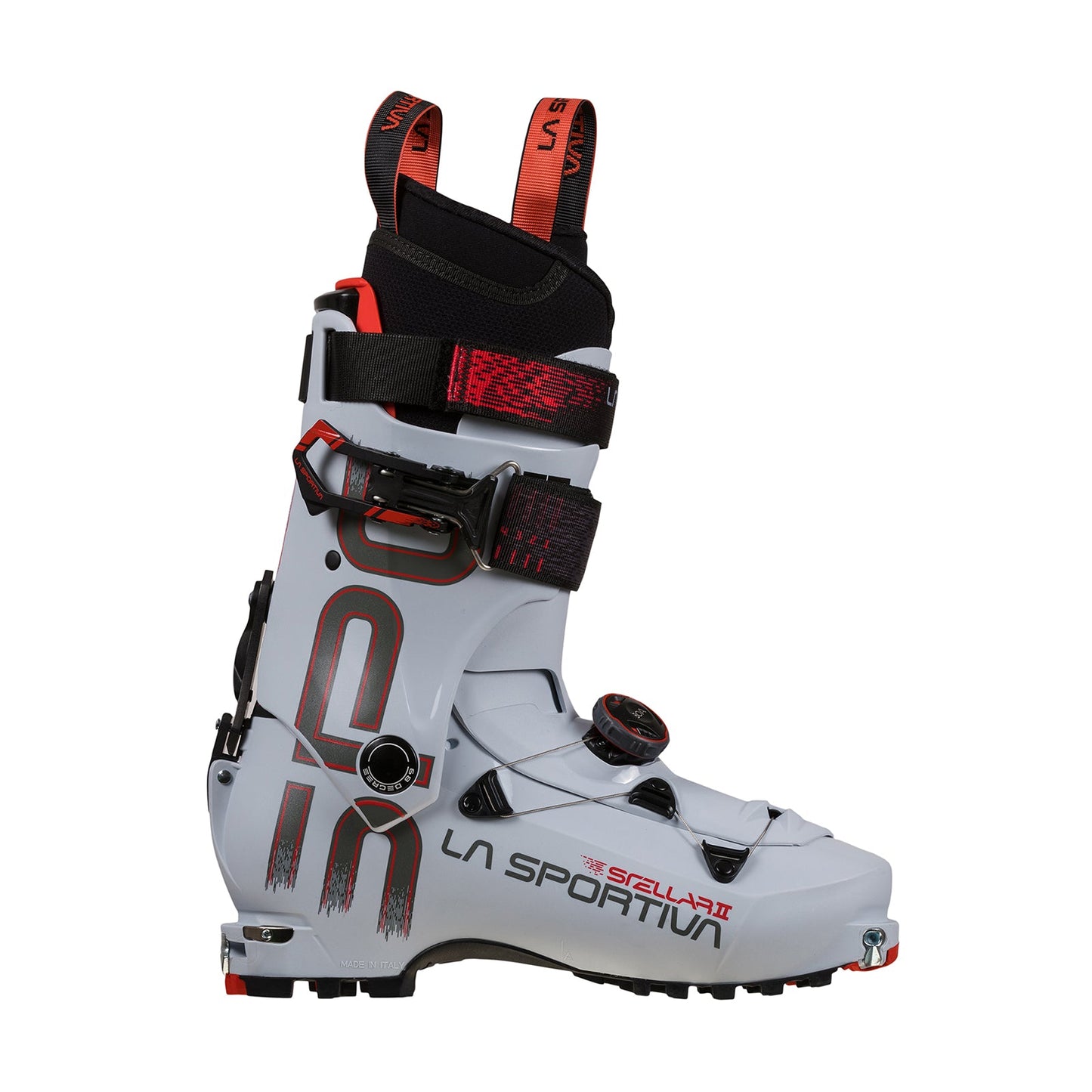 The La Sportiva Stellar II is a lightweight gray and red ski boot with black accents, buckles, and straps, designed for alpine touring, mountaineering, and backcountry skiing.