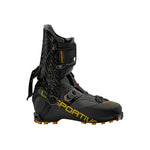 The La Sportiva Stratos Hybrid is a black mountaineering boot with yellow branding, a tall carbon cuff, carbon fiber accents, and layered fastenings for lightweight ski mountaineering, shown on a white background.