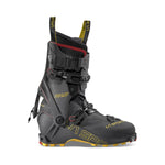 The La Sportiva Kilo is a black lightweight ski boot with yellow and red accents, multiple buckles and straps, a rugged sole, and a Grilamid Bio Based LF Carbon shell—ideal for dedicated ski mountaineers.
