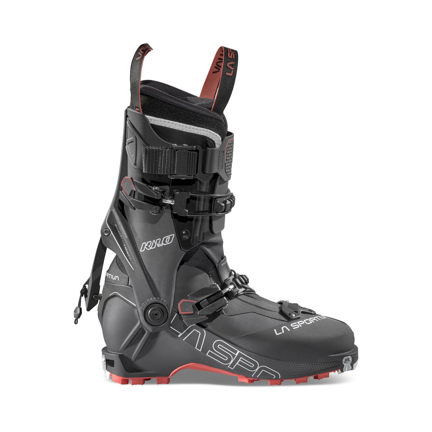 The La Sportiva Kilo Women's ski mountaineer boot features black and red colors, multiple buckles and straps, a rugged sole, and a lightweight design for alpine or backcountry skiing.