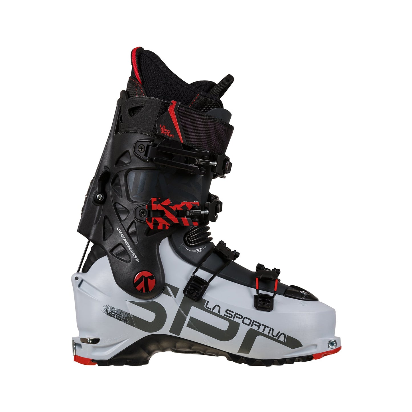 A La Sportiva Vega Women's backcountry boot in white, black, and red is shown in profile, featuring several adjustable buckles and a durable design for ski mountaineering or alpine touring with strong downhill performance.