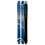 The La Sportiva Capo (2023) skis feature a blue and black wavy design, bold La Sportiva logos, a mountain graphic at the tip, and a smooth rocker profile for a surfy charger feel.