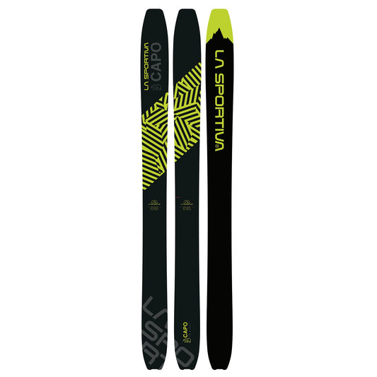Three upright La Sportiva Ski - Capo (2023) skis display a black and yellow geometric design with mountain graphics, bold La Sportiva logos, and a smooth rocker profile on a dark background.