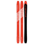 Three La Sportiva Tempo (2023) skis in red and black feature geometric white patterns, prominent white and orange branding, and a versatile 103mm underfoot for all-mountain performance.