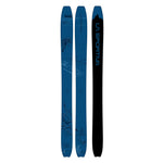 Three blue and black La Sportiva Ski - Capo skis—two display graphic tops, one shows the black base with the La Sportiva logo—perfect for fans of mountain-inspired Capo snowboard designs.