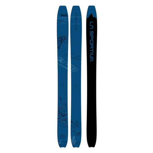Three blue and black La Sportiva Ski - Capo skis—two display graphic tops, one shows the black base with the La Sportiva logo—perfect for fans of mountain-inspired Capo snowboard designs.