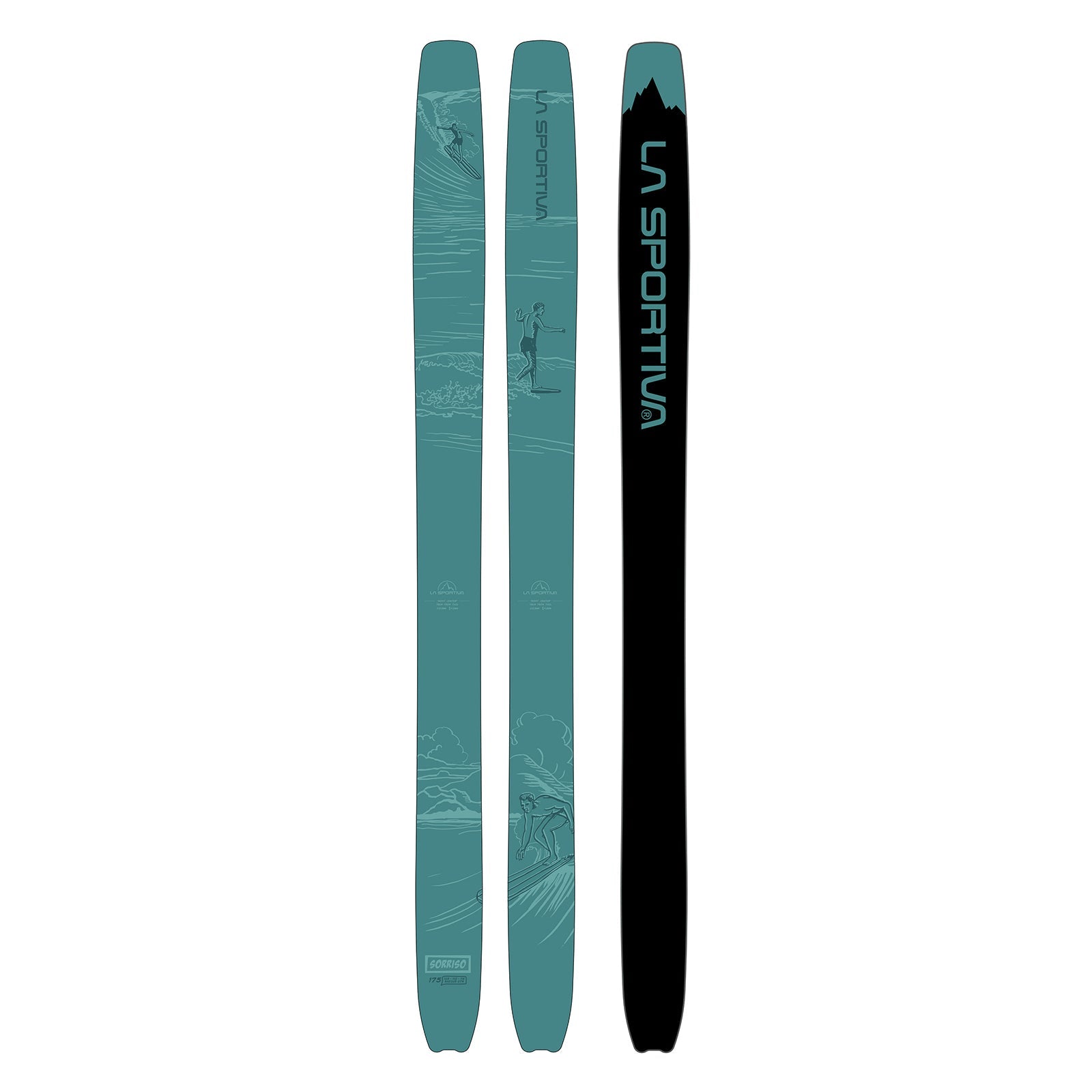 Three teal La Sportiva Ski - Sorriso models are pictured: two with skiing and mountain art, and one black with the La Sportiva logo and mountain silhouette—each designed as a true backcountry charger.