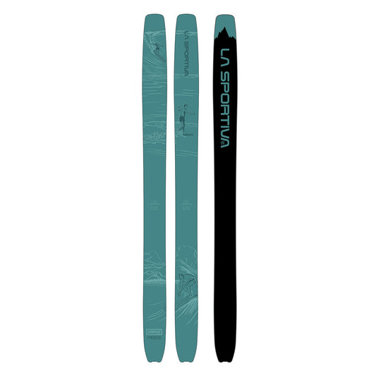 Three teal La Sportiva Ski - Sorriso models are pictured: two with skiing and mountain art, and one black with the La Sportiva logo and mountain silhouette—each designed as a true backcountry charger.