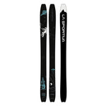 Three black La Sportiva Tempo backcountry skis feature white and light blue mountain, astronaut, UFO, and planet graphics, plus the La Sportiva logo in white on one lightweight ski.