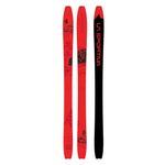Three red La Sportiva Salto skis are displayed: two feature an illustrated mountain and racing flag graphic, while the third reveals the black underside with bold red La Sportiva branding, built for impressive edge hold in backcountry terrain.