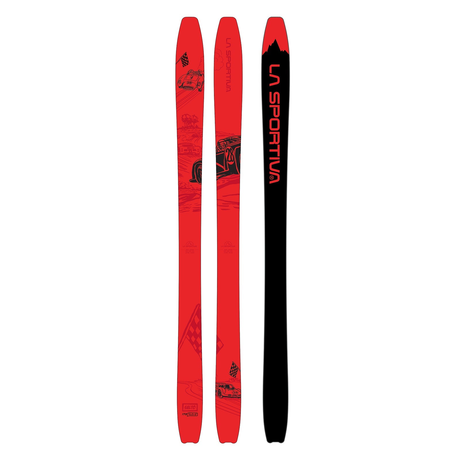 Three red La Sportiva Salto skis are displayed: two feature an illustrated mountain and racing flag graphic, while the third reveals the black underside with bold red La Sportiva branding, built for impressive edge hold in backcountry terrain.
