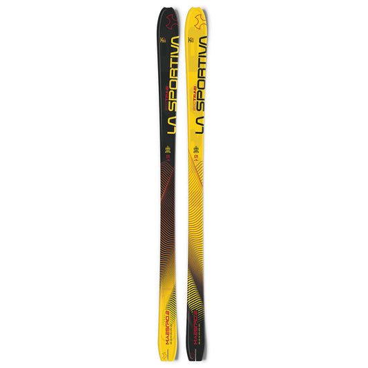 A pair of yellow and black La Sportiva Maestro.2 LS skis with bold gradients, an aramide core for lightweight performance, and the La Sportiva name displayed along each ski.