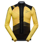 The La Sportiva Stratos VI Racing Jacket Men's is a yellow and black long-sleeve ski jacket with geometric patterns, zip front, stretch fabric for fast training, and La Sportiva branding on the chest and sleeves.