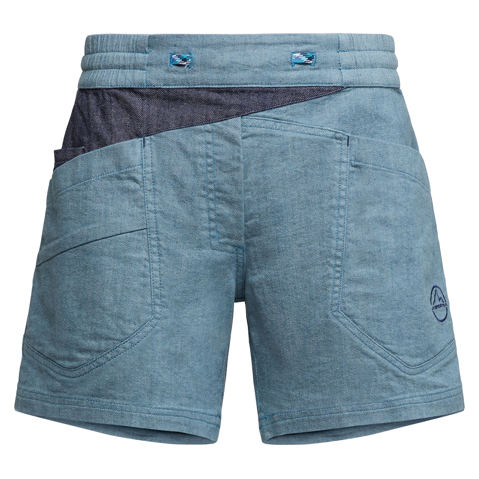 La Sportiva Sierra Rock Shorts Women's (2025) feature light blue fabric with dark blue waistband and pocket accents, visible stitching, large front pockets, and a small embroidered logo on the lower left leg for comfort and lightweight wear.