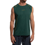 A man faces forward in a La Sportiva Tracer Tank Men’s sleeveless dark green athletic shirt with yellow stitching and black shorts, set against a plain white background. The moisture-wicking shirt displays the La Sportiva logo on the chest.