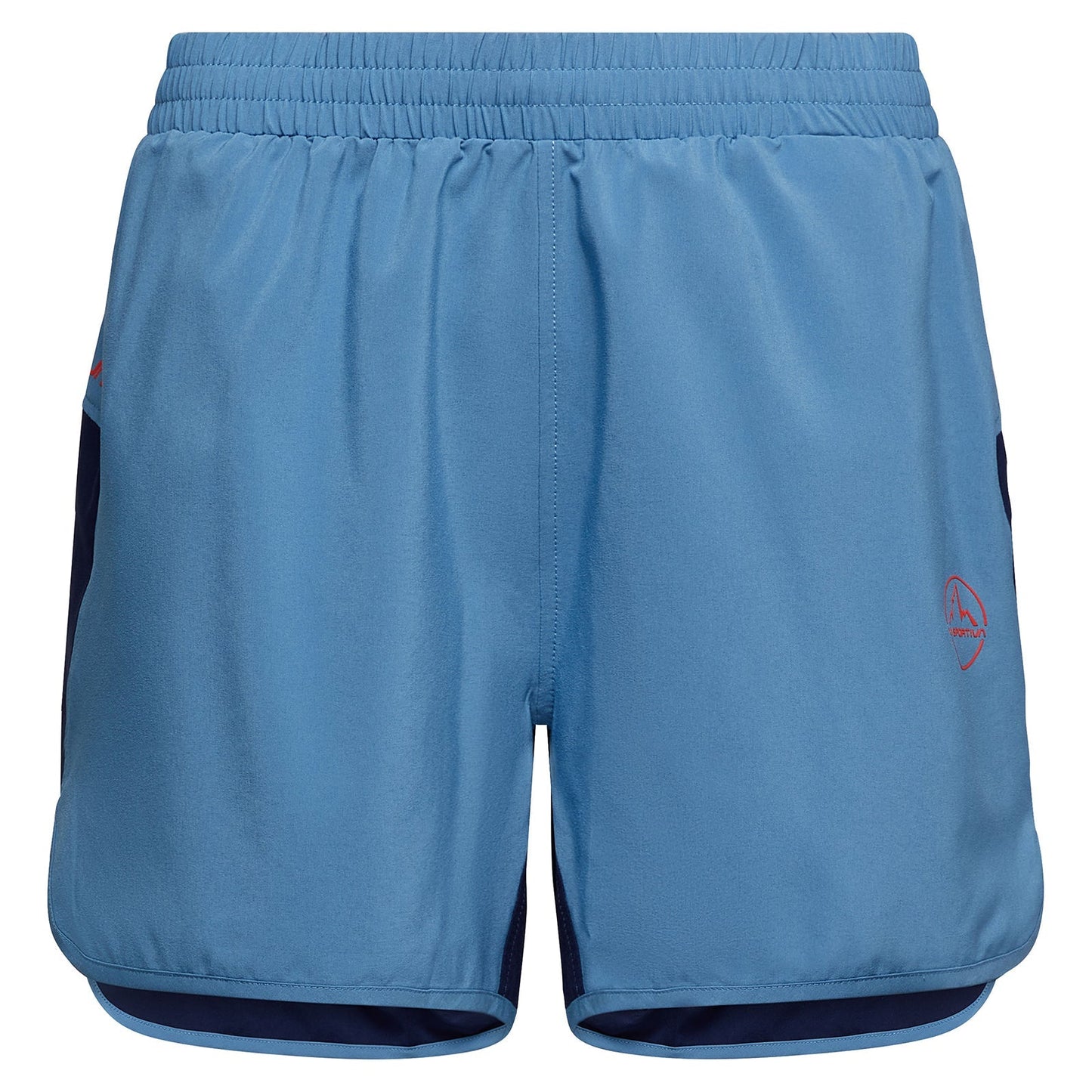 La Sportiva Sudden Shorts Women's feature a navy blue hem and side panels, made from superlight fabric. An elastic waistband provides comfort, and the right leg displays a standout red La Sportiva logo.