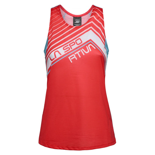 The La Sportiva Slipstream Tank Women's is a sleeveless red athletic top with white and light blue geometric stripes, breathable mesh panels, and LA SPORTIVA across the front—ideal for competition use.