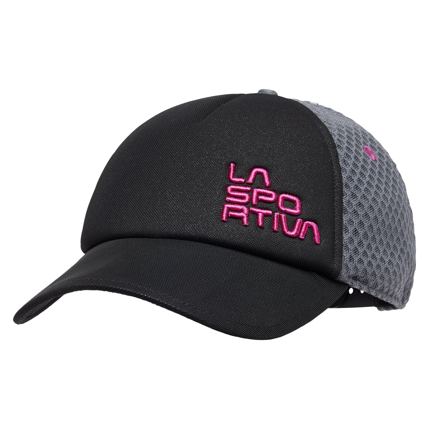 The La Sportiva Hive Cap is a black and gray baseball cap with mesh panels, pink embroidered La Sportiva text, and 3D material for lightweight breathability and sun protection.