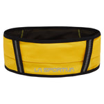 The La Sportiva Run Belt is yellow and black with reflective details, features multiple storage compartments for small items, and has "La Sportiva" printed on the front.