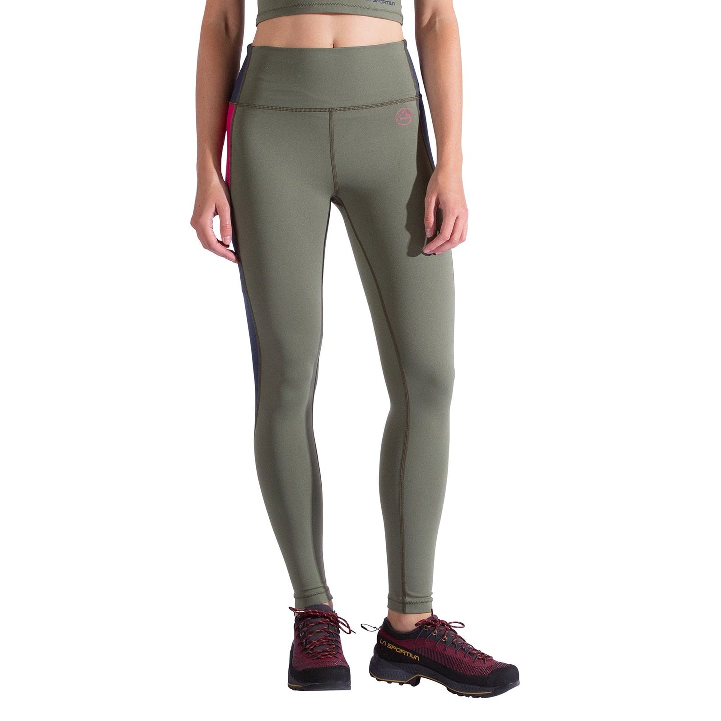 A person in La Sportiva Cosmosis Leggings Women's—olive green high-waist leggings—paired with maroon hiking shoes stands against a white background, with the photo cropped below the shoulders to show only the lower torso and legs.