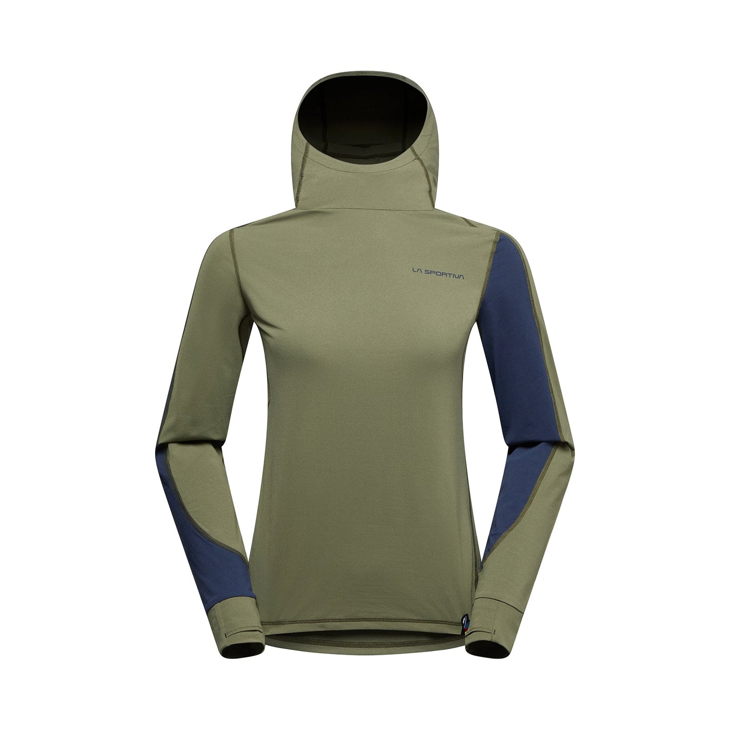 The La Sportiva Cloud Shadow Sun Hoody Women's is a lightweight green long-sleeve top with navy elbow and forearm accents, featuring UPF 50 protection and the La Sportiva logo on the left chest, shown on a white background.