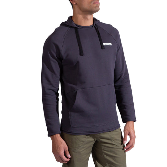 A man wears the La Sportiva Telendos Hoody Men's in dark gray with black drawstrings and a front pocket, paired with olive green pants, standing against a white background.