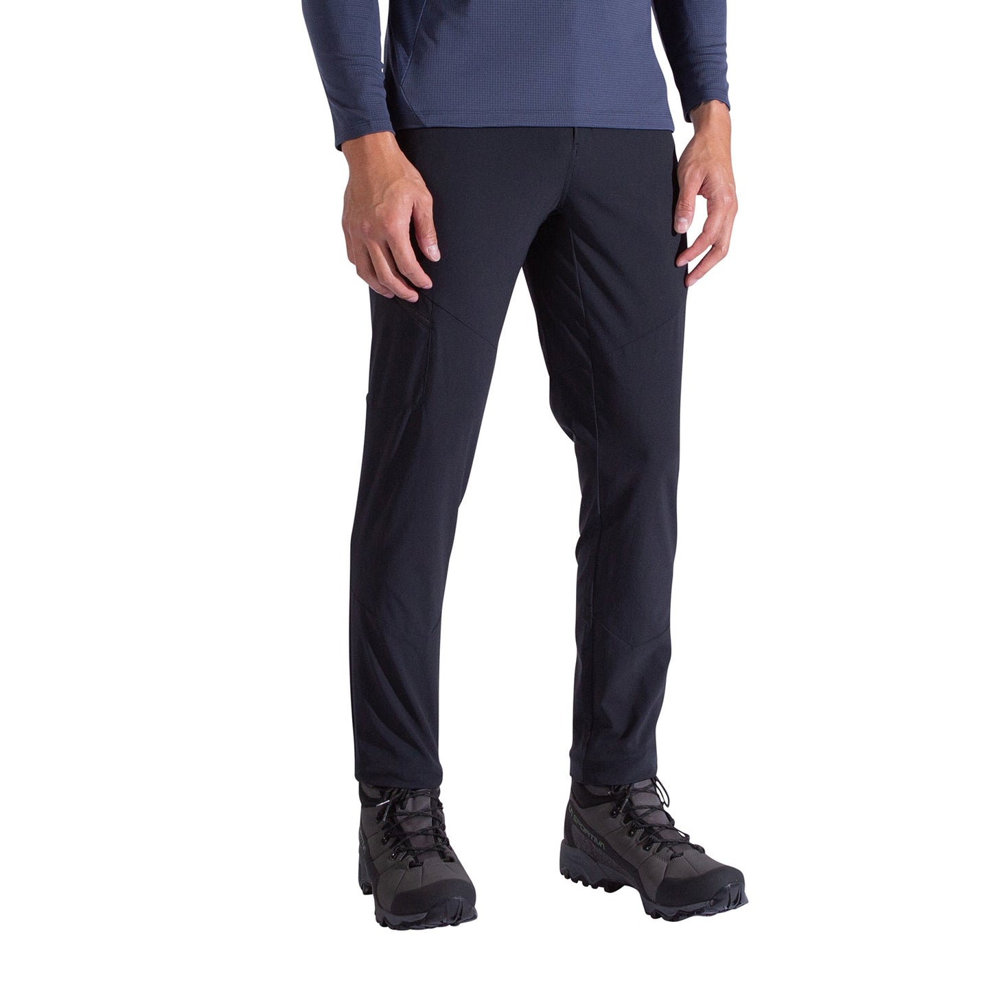 A person in La Sportiva West Crest Pants Men's (black), a navy long-sleeved shirt, and black hiking boots stands against a white background with their face hidden.