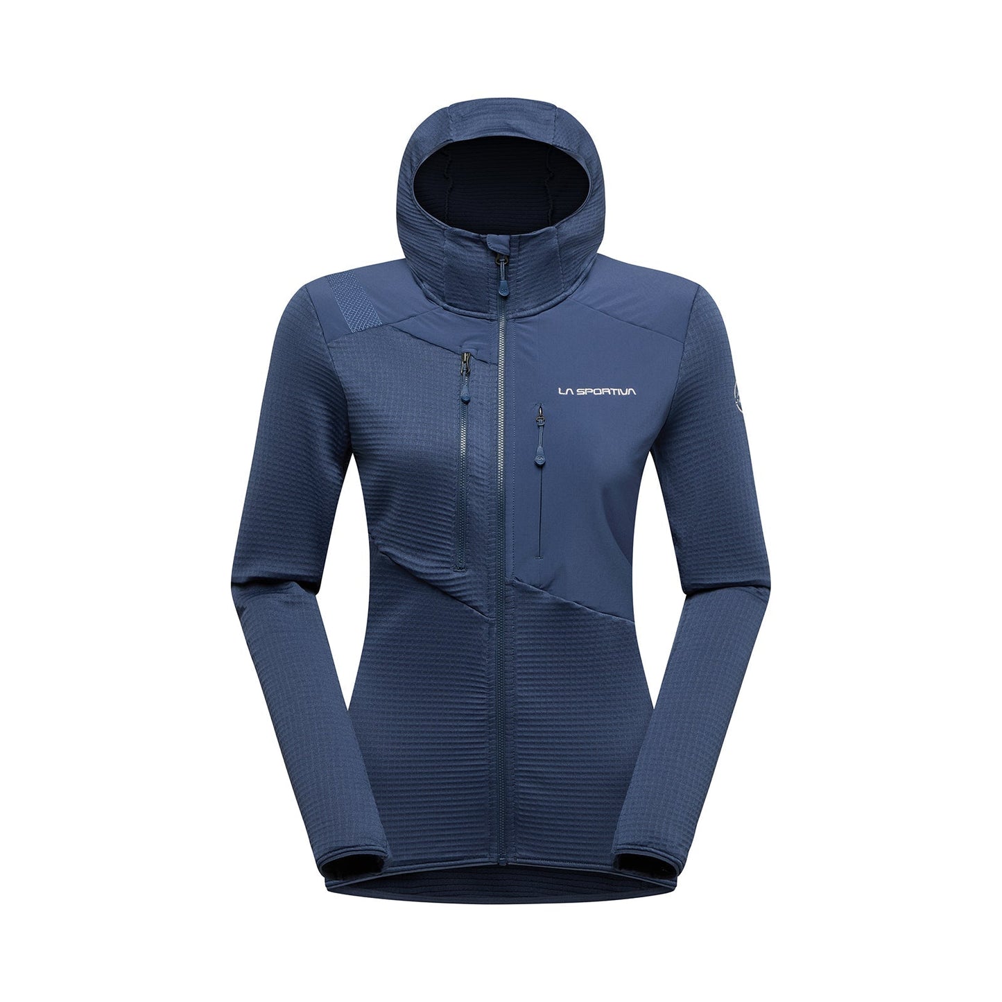 The La Sportiva Lucendro Thermal Hoody Women's is a blue, athletic-fit midlayer with a front zipper, textured Polartec Power Grid fabric, zippered chest pocket, and left chest logo, shown on a plain white background.