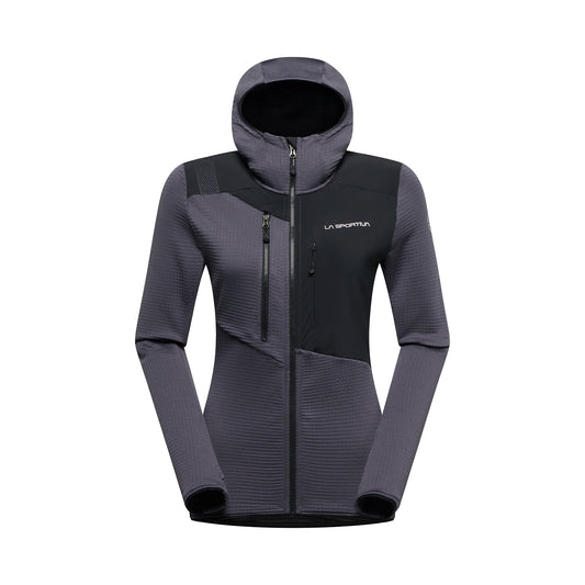 The La Sportiva Lucendro Thermal Hoody Women's is a dark gray, athletic-fit midlayer with black accents, front zipper, two side pockets, one zippered chest pocket, and Polartec Power Grid fabric. La Sportiva logo on the left chest.