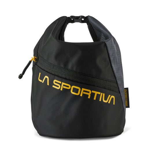 The La Sportiva Granite Chalk Pot is a black chalk bag for climbing, featuring a yellow logo, diagonal zip pocket, cinch closure at the top, and recycled Robic fabric construction.