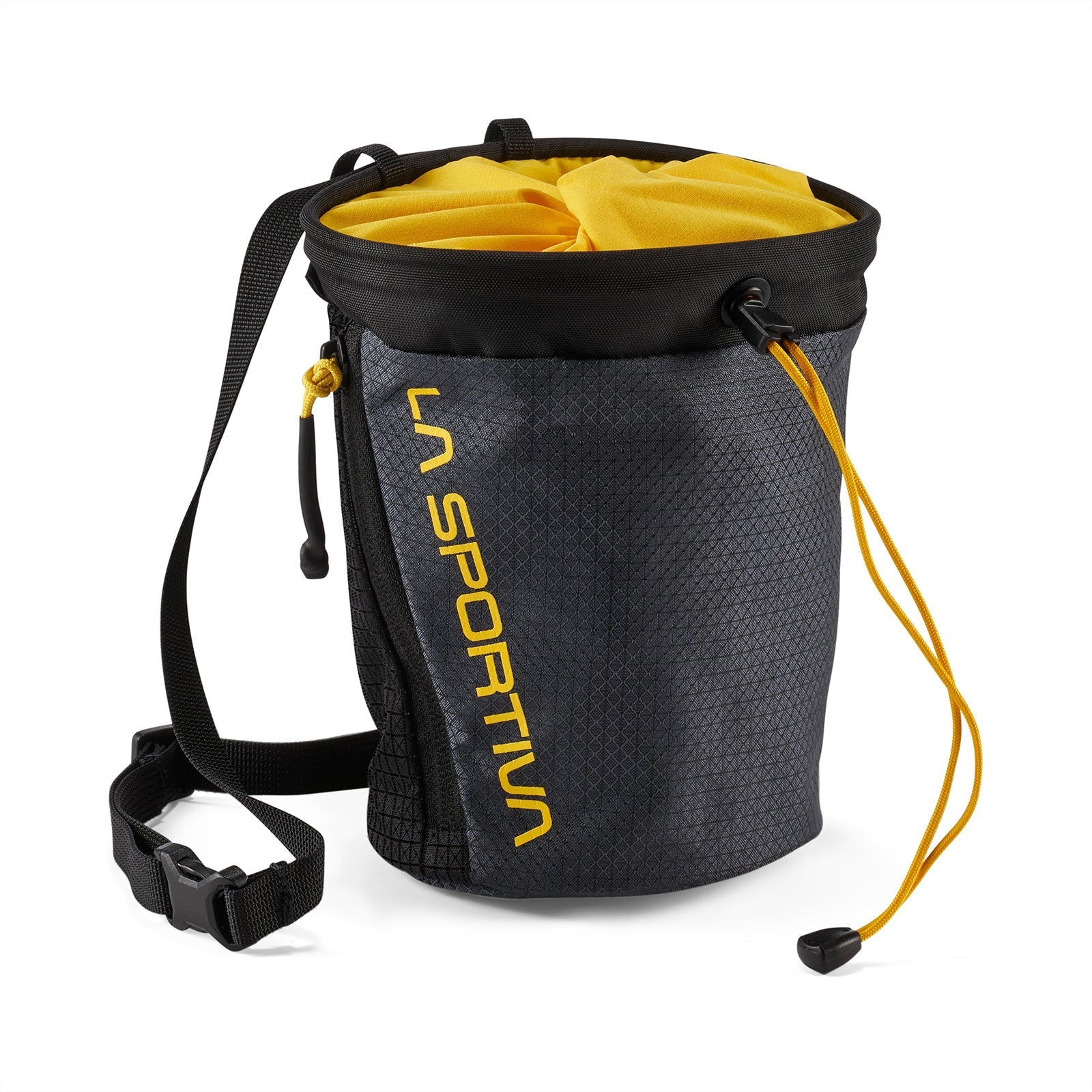 The La Sportiva Granite Chalk Bag Pro in black and yellow is made from recycled nylon, features a drawstring closure, adjustable waist belt, and has "La Sportiva" printed vertically on the front—ideal for bouldering.