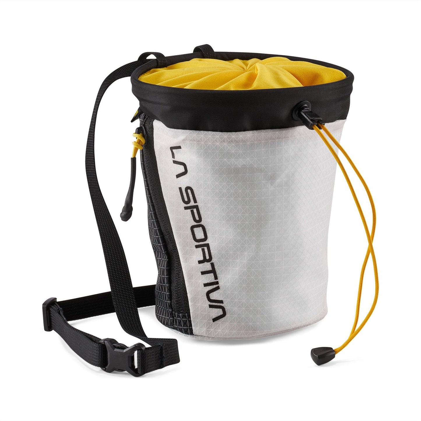 The La Sportiva Granite Chalk Bag Pro is a white and black chalk bag made from recycled nylon, featuring a yellow drawstring, adjustable strap, and side brush holder—ideal for bouldering or rock climbing.