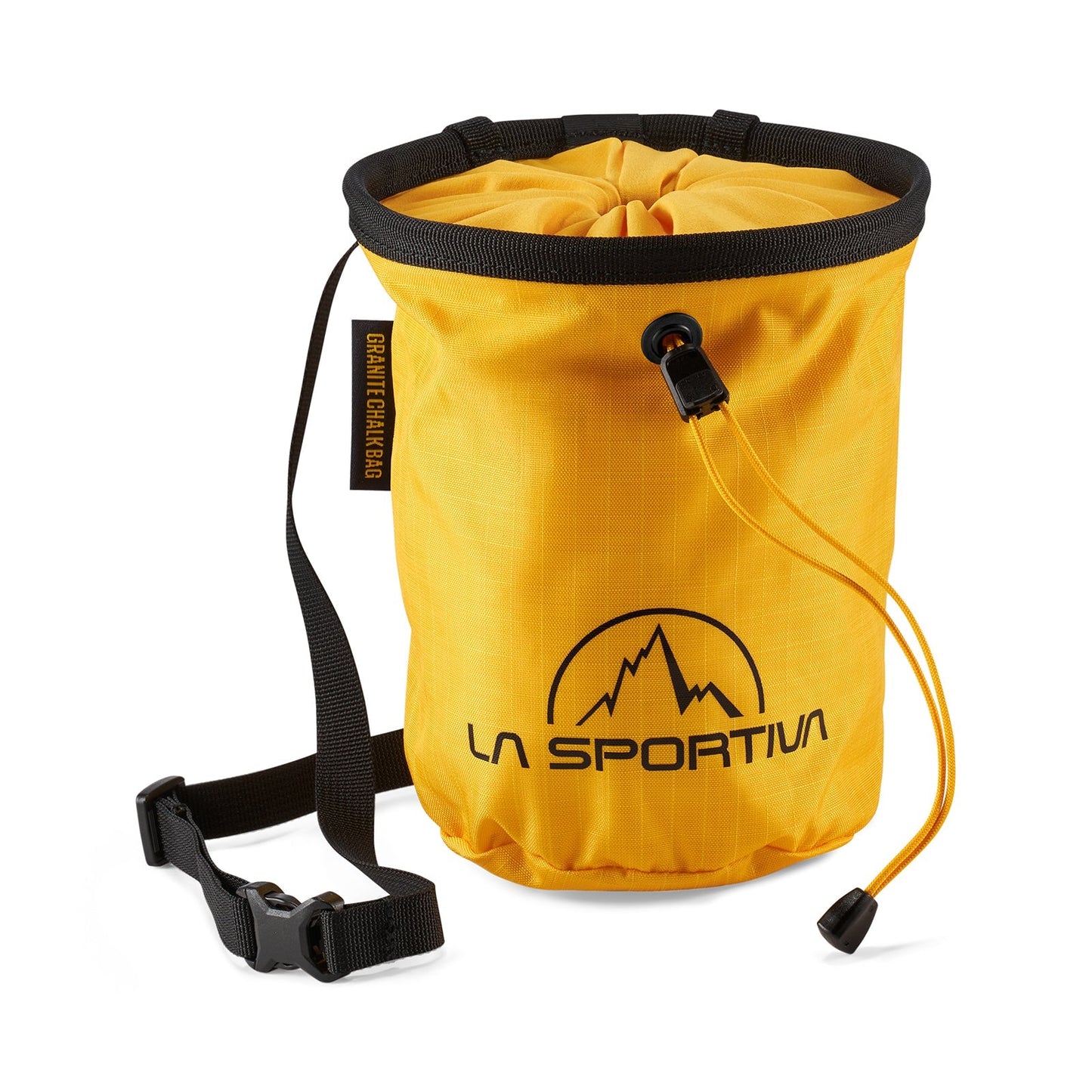 The La Sportiva Granite Chalk Bag is yellow with a black drawstring closure, black trim, and an adjustable belt. It features the La Sportiva logo and text on the front.