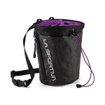 The La Sportiva Challenger Chalk Bag features a black and gray design, a purple drawstring closure, an adjustable waist belt, and the La Sportiva logo printed vertically on the front.