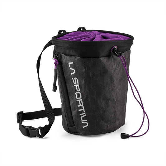 The La Sportiva Challenger Chalk Bag features a black and gray design, a purple drawstring closure, an adjustable waist belt, and the La Sportiva logo printed vertically on the front.