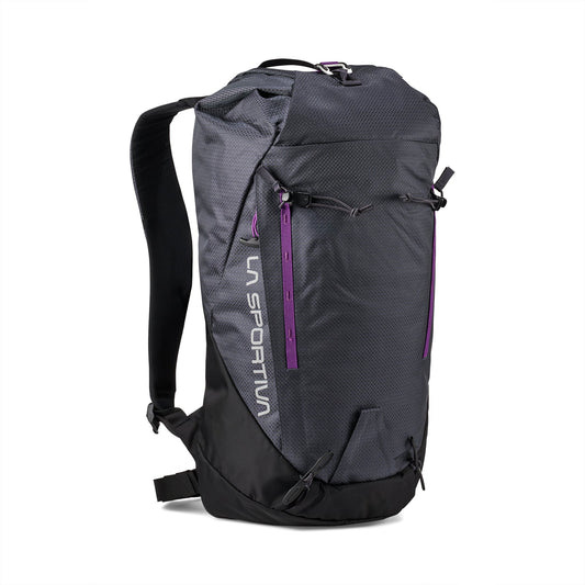 The La Sportiva Granite 22 Backpack is black and dark gray with purple zipper accents, padded shoulder straps, a top loop handle, external zippered pockets, and adjustable bottom straps.
